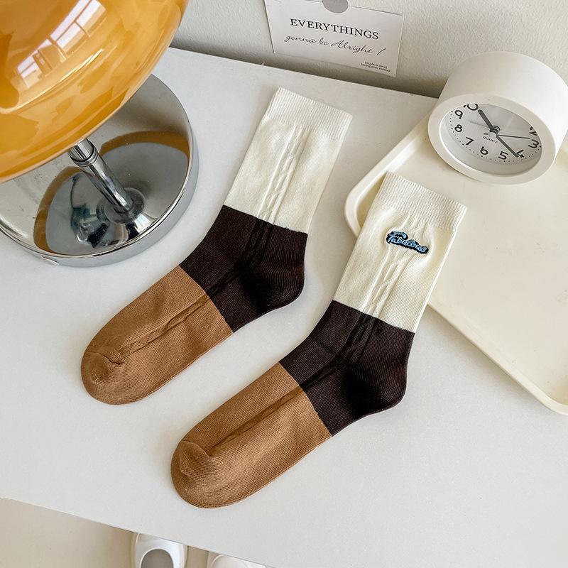 Female Spring and Autumn Pure Color Cotton Striped Embroidered Small Flower Boneless Long Tube Stack Socks