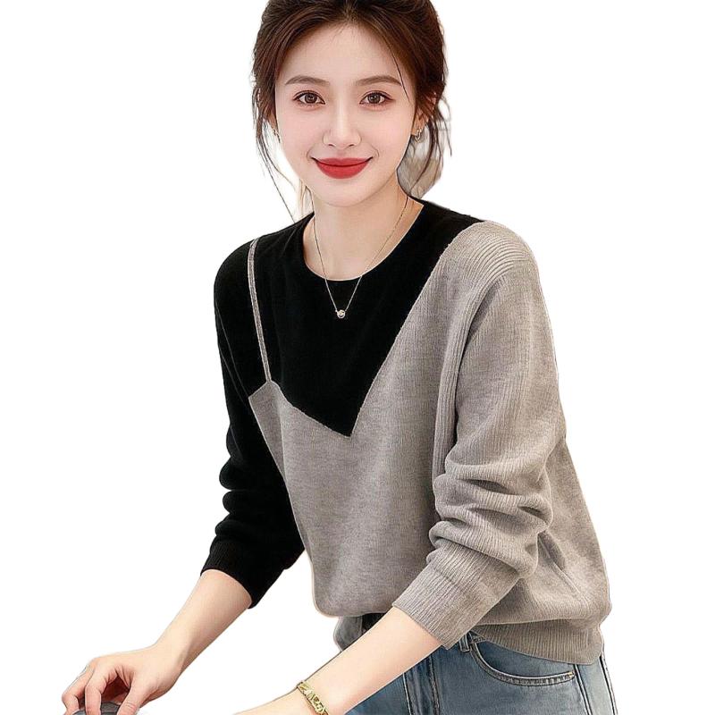 Women's Korean-Style Contrast Color Fake Two-Piece Round-Neck German Velvet Base Layer Loose Slimming Long-Sleeve Top
