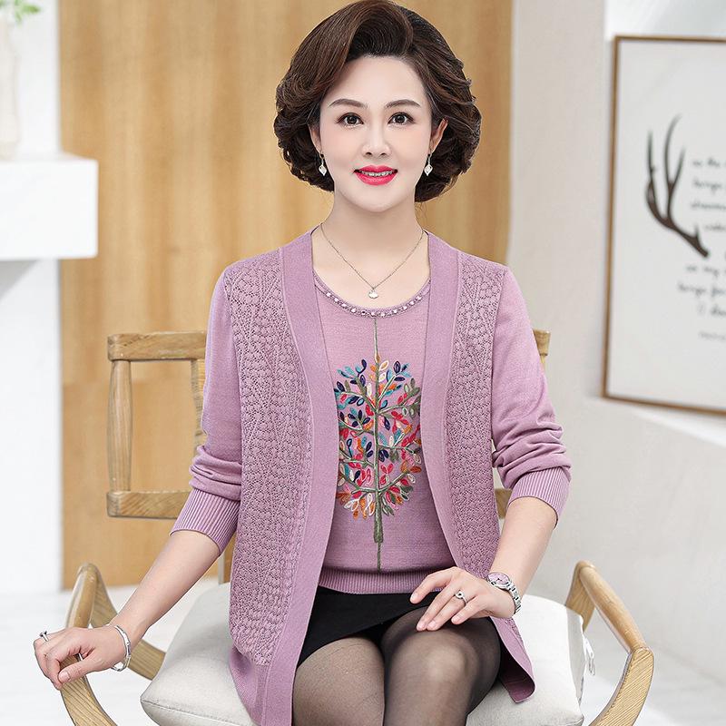 

Mom s Spring Knitwear: Mid-Aged Women s Short-Sleeve Two-Piece for Mother s Day 3XL (135-150 lbs)