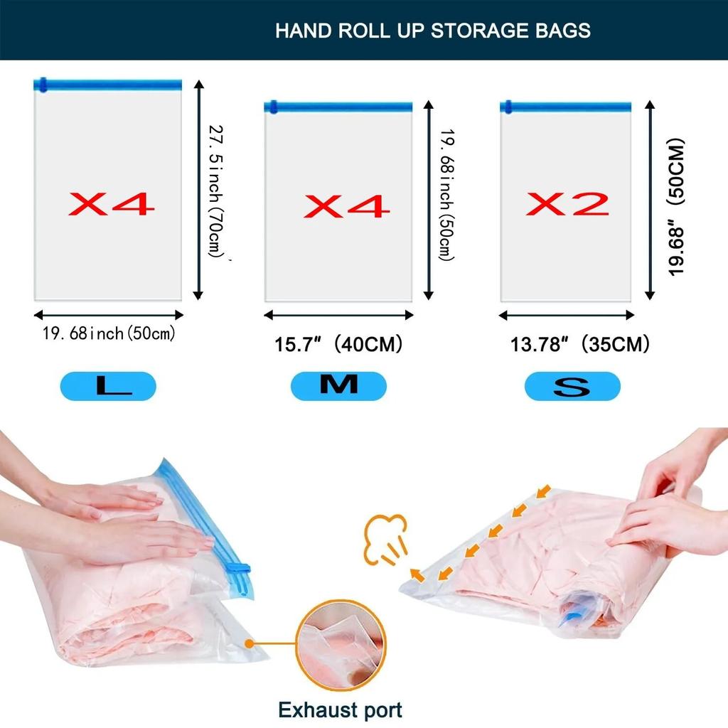 Multiple Sizes Vacuum Storage Bags Hand Roll Durable Space Saver Bags For Clothes Clothing Travel Accessories Suitcase Organizer