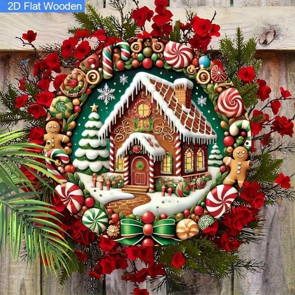 Tin Gingerbread House Wreath Sign, 2D Christmas Decor with Red Roses & Candy Canes for Outdoor Patio Balcony Door