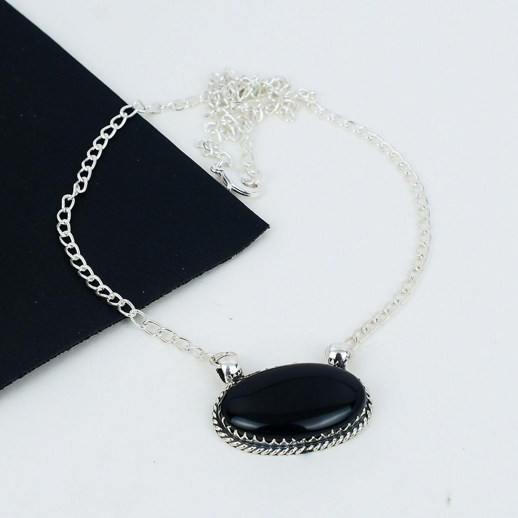 Kamień Czarny Onyks Ręcznie Robiony Naszyjnik ze Srebra Próby 925 Naturalny Czarny Onyks Ręcznie Robiona Biżuteria Naszyjnik Dla Kobiet Naszyjnik Dla Niej