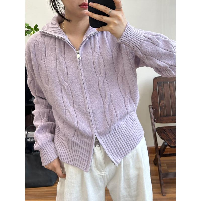 Autumn Winter Stand Collar Fried Dough Twist Zipper Knitting Coat Women Casual Fashion Cardigan Sweater Top