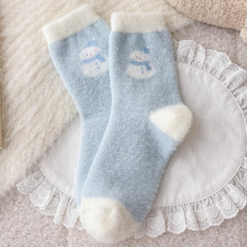 Plush Socks Thickened Warm Tube Socks Blue Home Sleeping Socks Cute Puppy Cartoon Confinement Socks