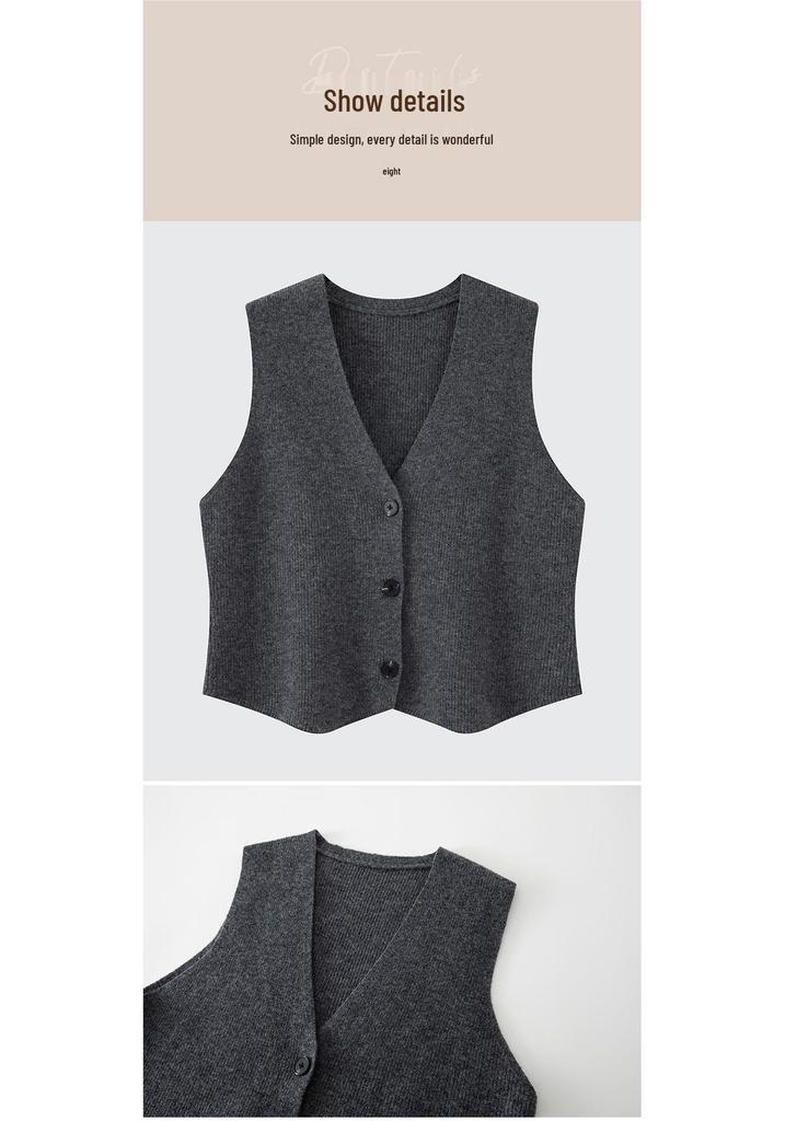 Women's Petite 100% Wool Knit Cropped Vest Cardigan - Autumn/Winter Style, Single-Breasted