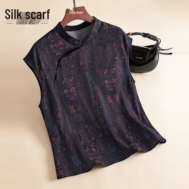 Sibaishe New Chinese Style Printed Sleeveless Blouse L