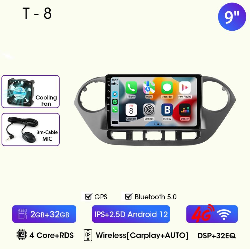 9" Car Radio For Hyundai Grand I10 I 10 2013 2014 2015 2016 2017 2018 Android12 Carplay Auto Multimidia Video Player Head Unit