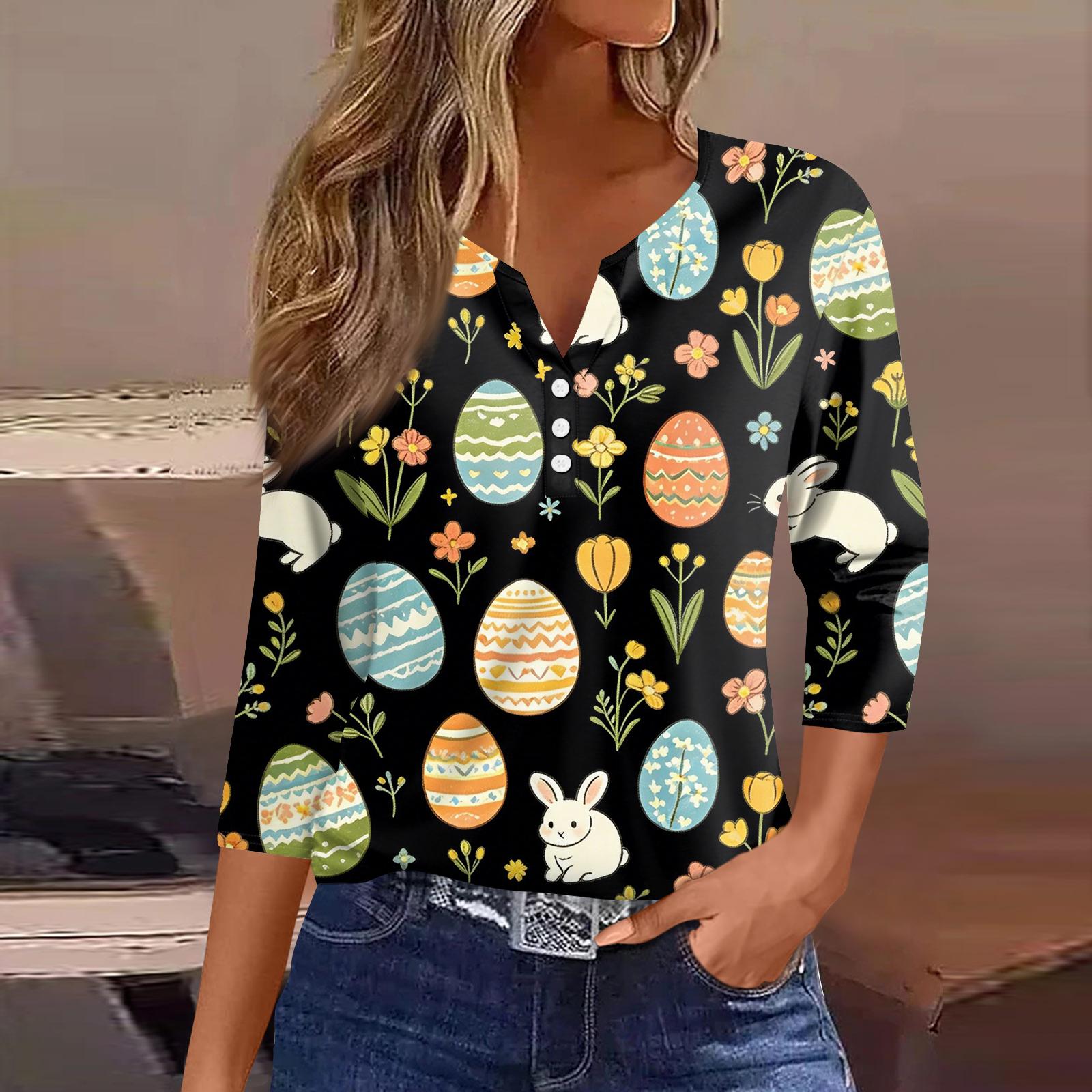 Womens V Neck Three Quarter Sleeve Easter Egg Print Casual Loose Fit Holiday Blouse Top L