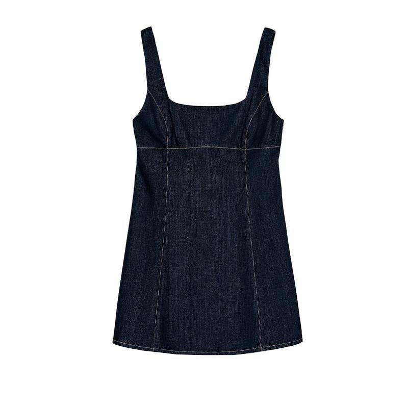 

Spring New Women clothes Comfortable and Versatile Sleeveless Square Collar Wide Shoulder Strap Short Demin dress 6929085 Deep Indigo L