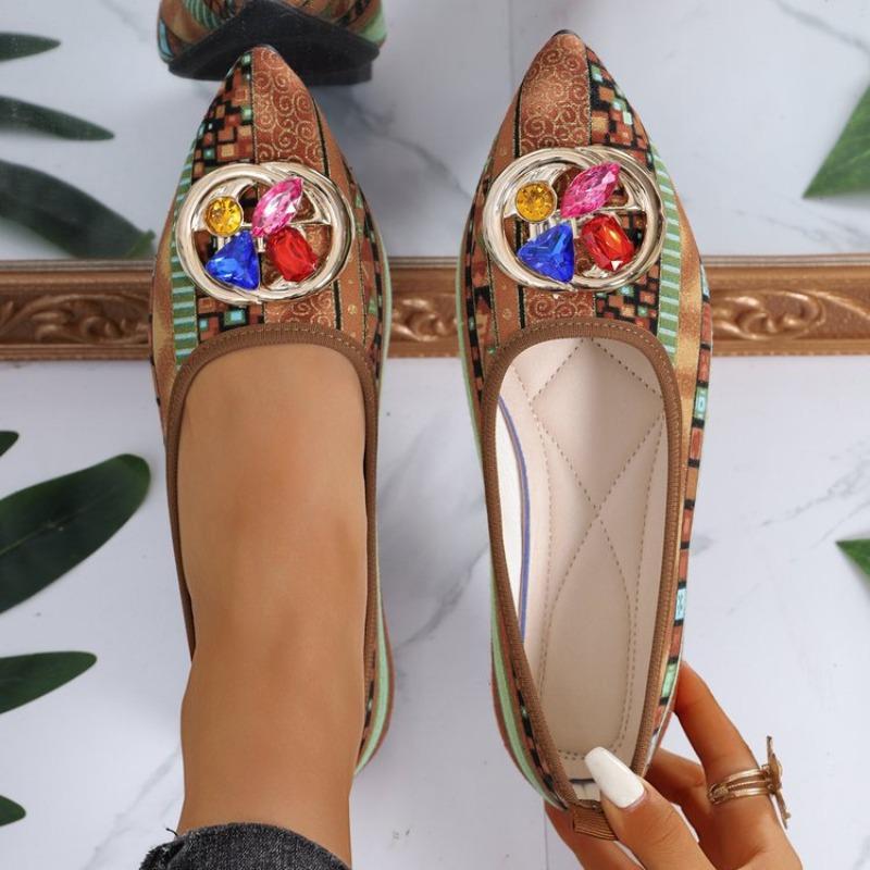 Damen Mittelgröße Metallschnalle Niedriger Absatz Graffiti Spitzschuh Tiefe Ausschnitte Ballerinas Retro Römischer Stil Neue Herbstschuhe