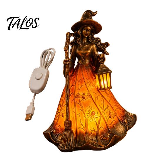 Halloween Decorative Resin Light Witch Tabletop Lamp, Gothic Night with Broom & Lantern, Table Lamp USB Powered Spooky Ambient for Mantel Shelf