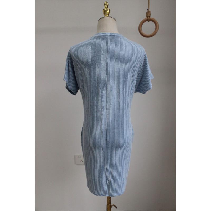 Women's Summer Casual Color Contrast Wave Striped Short Sleeve Pocket Dress