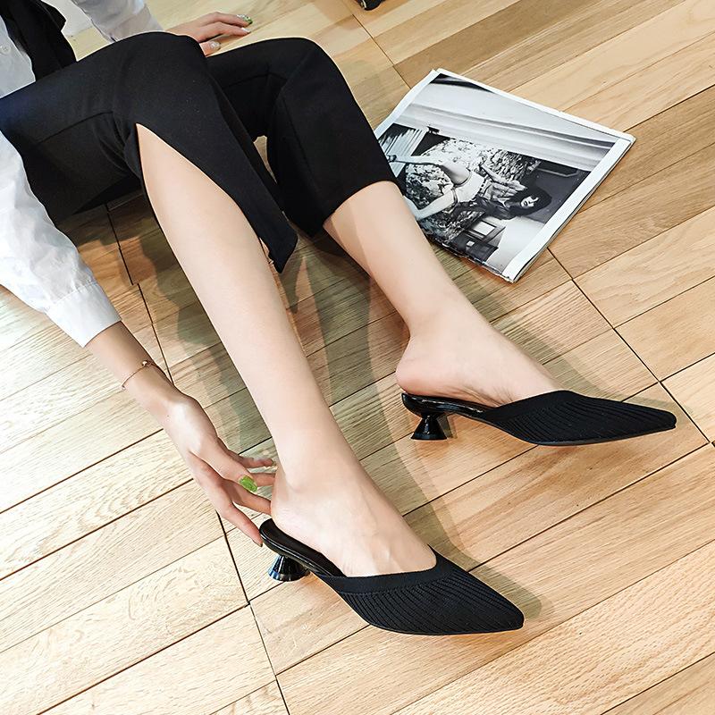 Fashion Stretch Polyester Shoes Woman Slippers Mules Med-High Heels 3D Fly Weave Slides Ladies Breathable Flipflops Women Wedges Sandals
