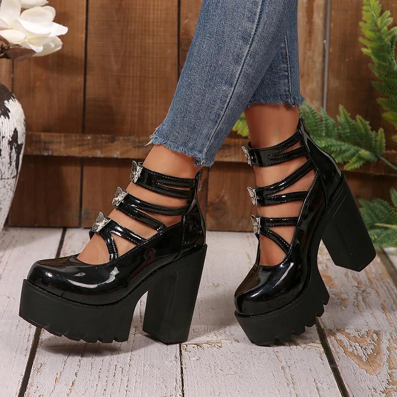 Butterfly Decor Ankle Strap High Heel Pumps for Women Gothic Chunky Platform Mary Jane Shoes Woman Thick Heel Black Lolita Shoes