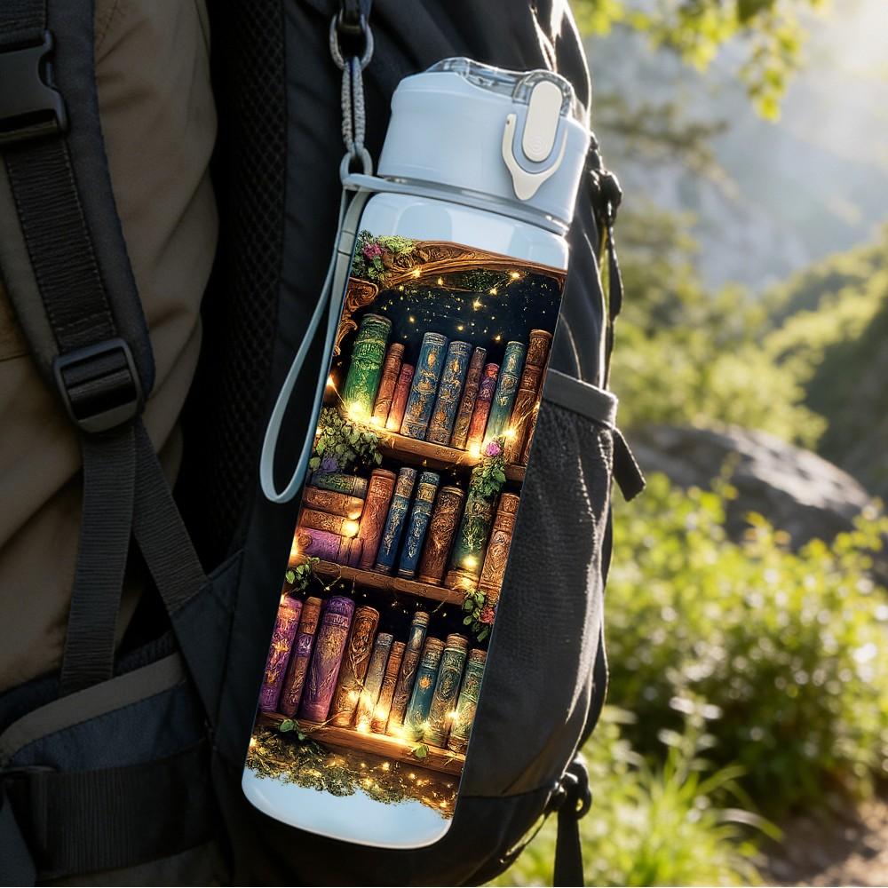 1PC Vintage Old Books Library Shelf Print 750ml Color Plastic Sports Water Bottle Leakproof Flip Straw Lid Suitable for Sports Office Home Use