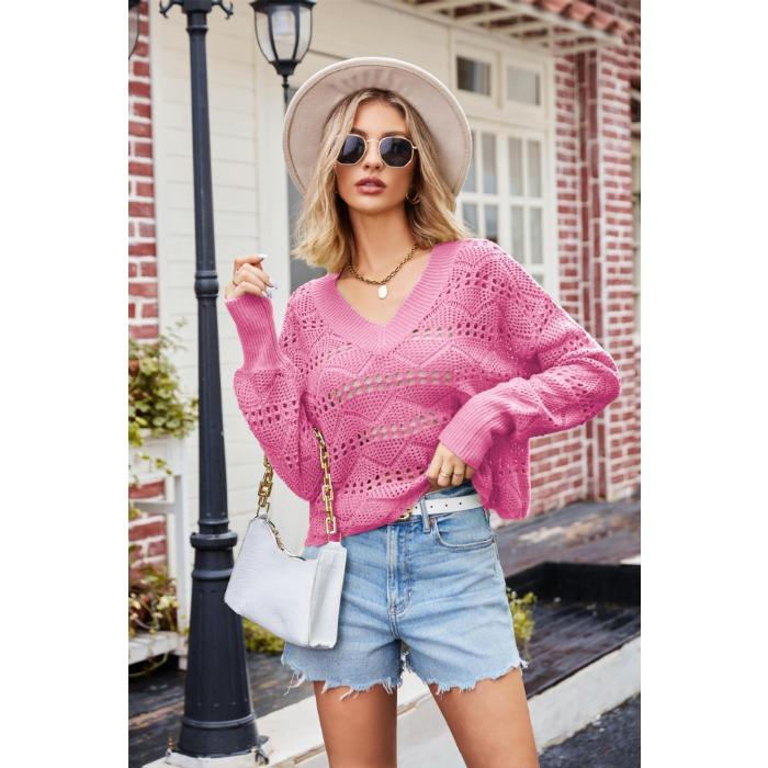 

Осенне-зимний женский свитер с v-образным вырезом, полый вязаный сексуальный пуловер, свитер XL розы красного