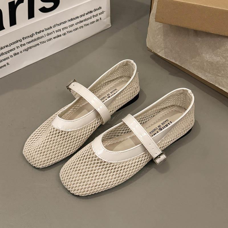 Vintage Round Head Mesh Breathable Mary Jane Women's Shoes Thick Heel One-word Buckle with Light Mouth Ballet Shoes Single Shoes Women