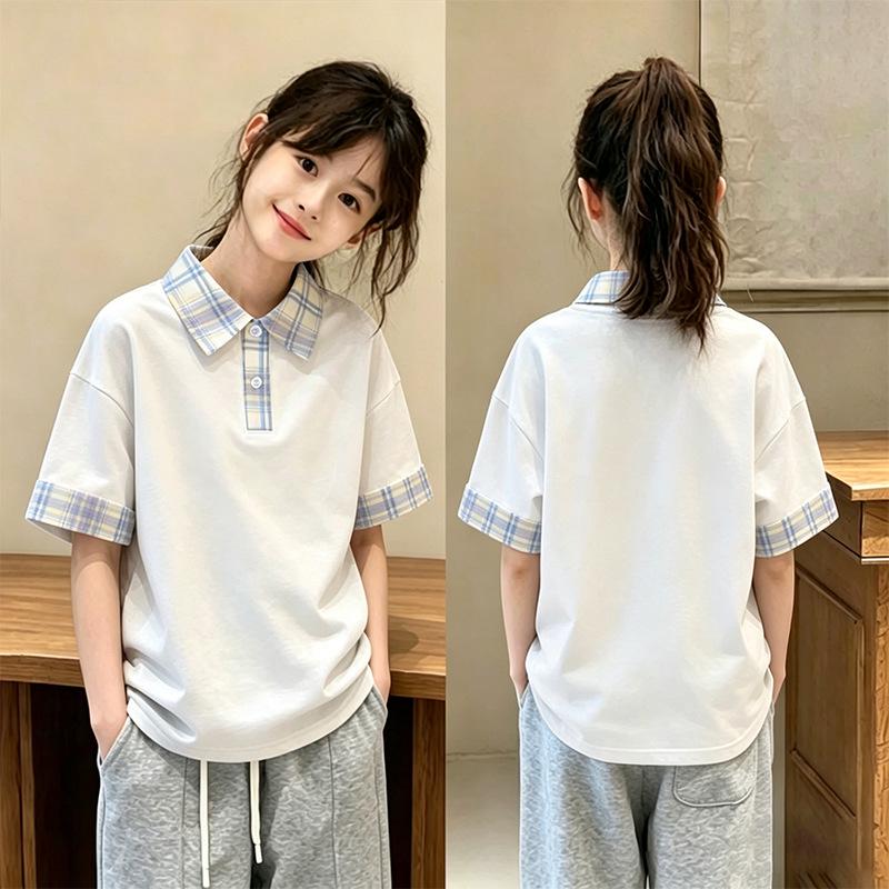 Girls' Trendy Korean-Style Summer Plaid Polo Shirt