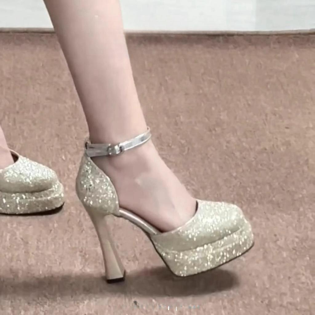 Beautiful Sequins Waterproof Table High Heels Women's 2025 Spring and Summer Thick Heels Not Tired Feet New Wedding Dress Bridal Shoes Wedding Shoes