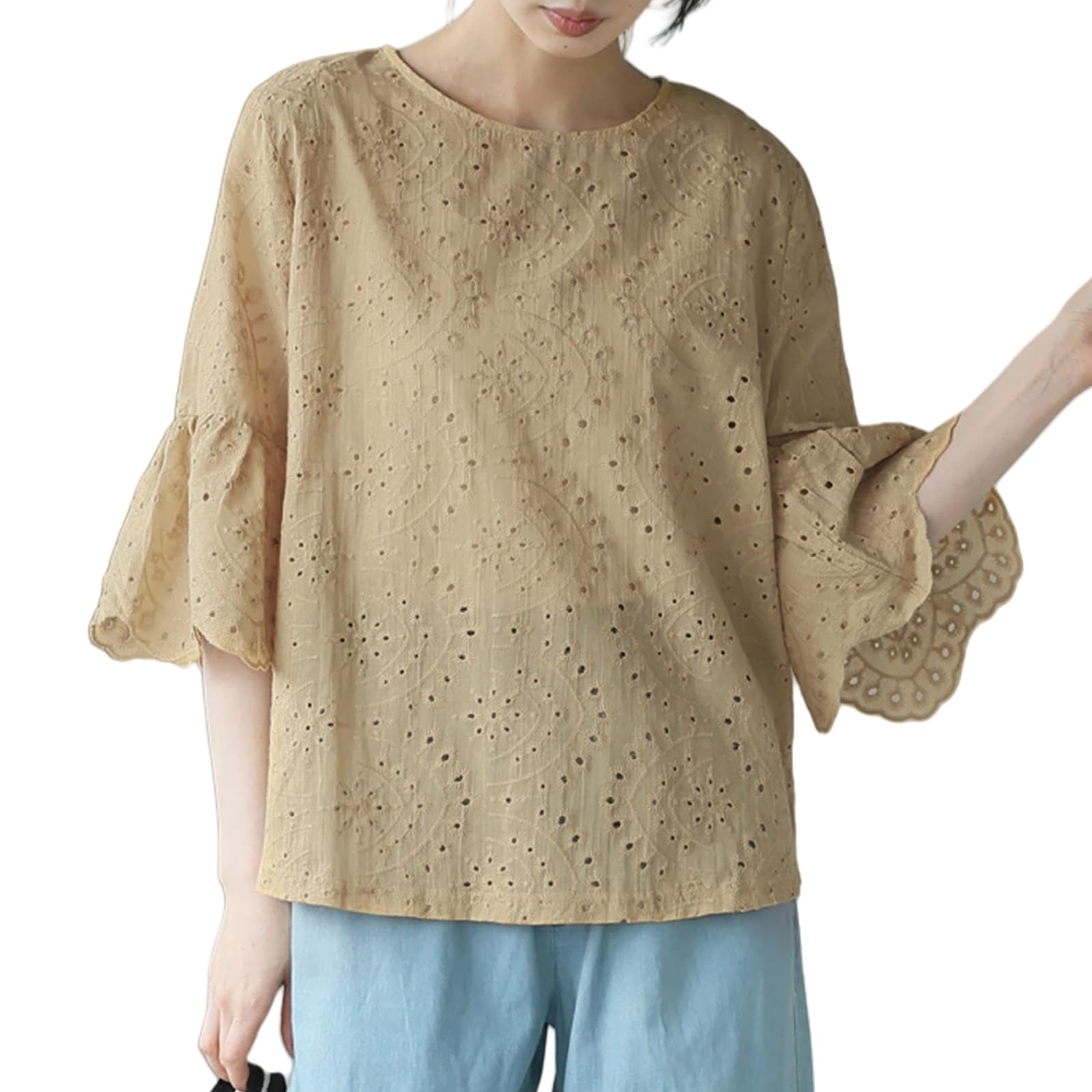

Sleeve Embroidered Lace Flared Summer Loose Plus Sizes Perfect for Spring and Perfect for Casual Wear [7-livehouse] Women s 3/4 Blouse, Blouse,