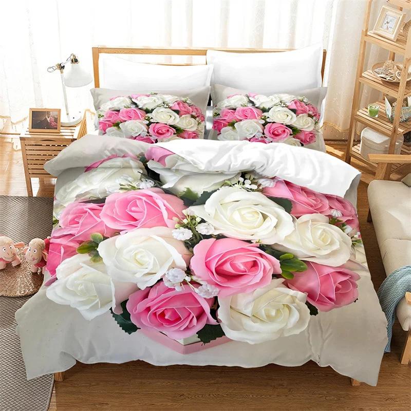 Deluxe Rose Queen Bedding Set Beautiful Flower Duvet Set Romantic Flower Three-Piece Set