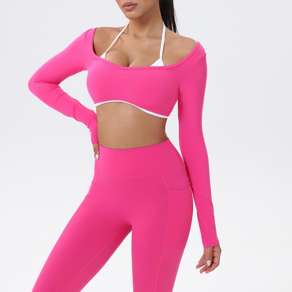 European-American Contrast Long-Sleeve Quick-Dry Yoga Top with Beautiful Back and Built-in Bra