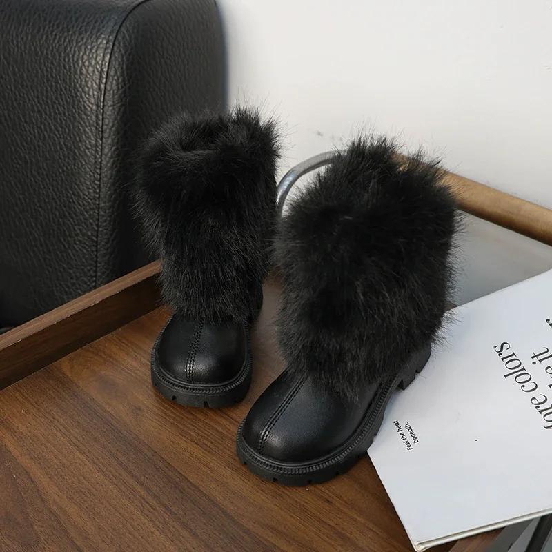 Winter Mädchen Schneestiefel Weich Pelzig Haarig Kinderstiefel Schwarz Weiß Vielseitig Kinder Freizeit Lange Stiefel Warm Plüsch Reißverschluss