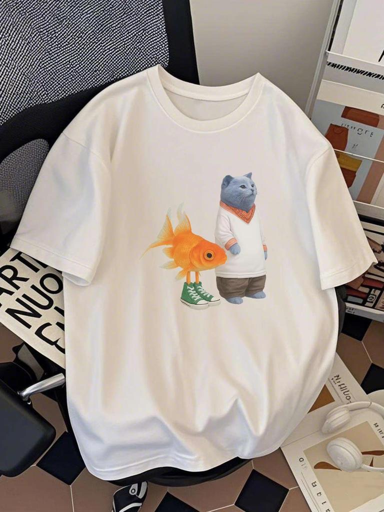 Funny Cute Cat And Goldfish Graphic Print Tshirt Unisex Casual Short Sleeve Cotton Tee Streetwear Loose Tops For Unisex Unisex