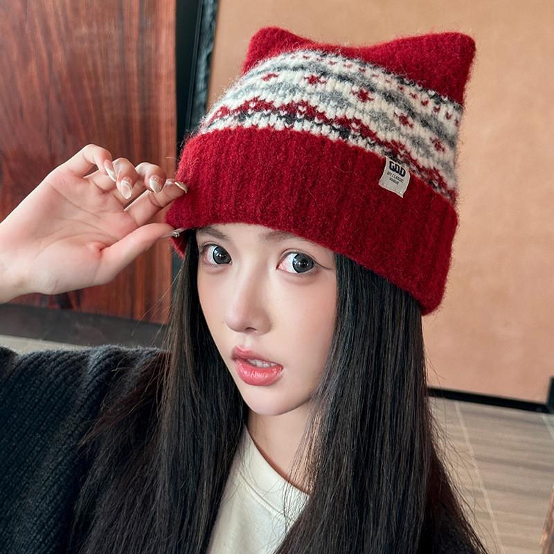 Knitted Christmas Cat Ear Hat For Women Warm Winter Beanie With Fleece Lining Red