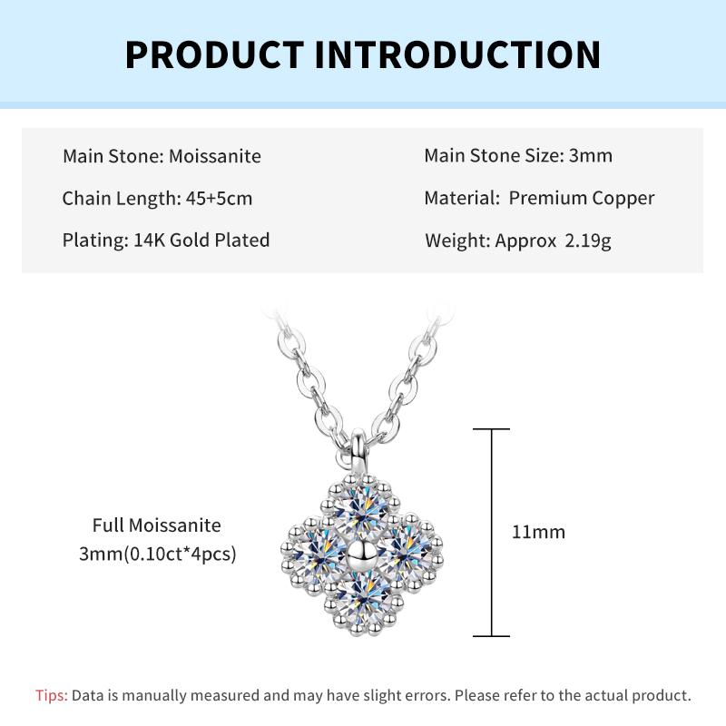 

Rrjzz Lucky Four-Leaf Clover D-Color Round Moissanite Necklace for Women Dainty Lab Imitation Diamond Pendant Necklace Jewelry 45-50cm
