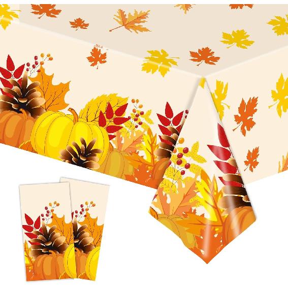 Thanksgiving Tablecloth Disposable - Fall Table Cloths Plastic Pumpkin and Maple Leaf Rectangle Table Cover Thanksgiving Party Decorations, 2 Pack