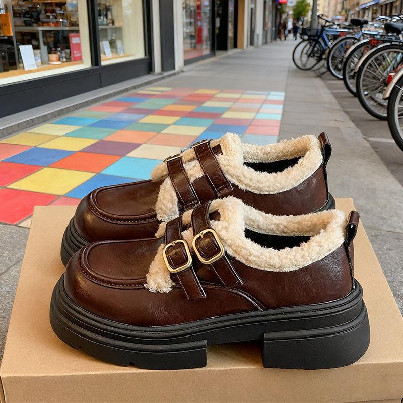 British Style Women's Large Size Soft Sole Winter Warm Fur One Snow Boots Padded Lined Ankle Boots Non-slip Hiking Sports Cotton Boots Leather Shoes