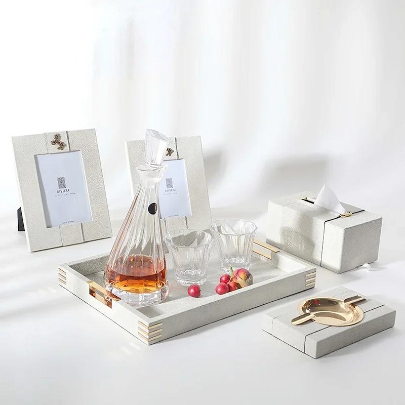 Metal Handle Tray Leather Home Storage Ornaments Living Room Model Room Coffee Table Storage Pallet Decorate Fruit Tea Tray