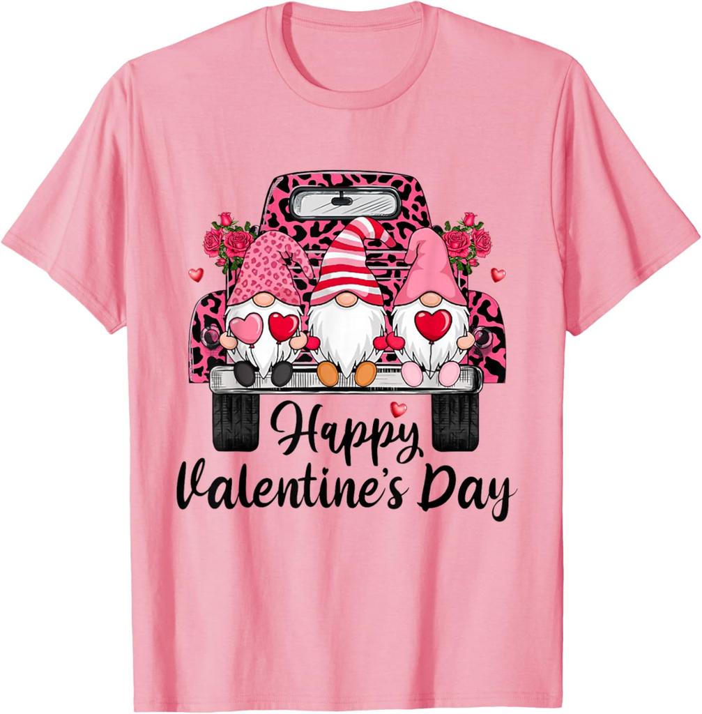 Three Gnomes Leopard Truck Graphic Tee Cute Happy Valentine Day Casual Cotton Short Sleeve T-Shirt