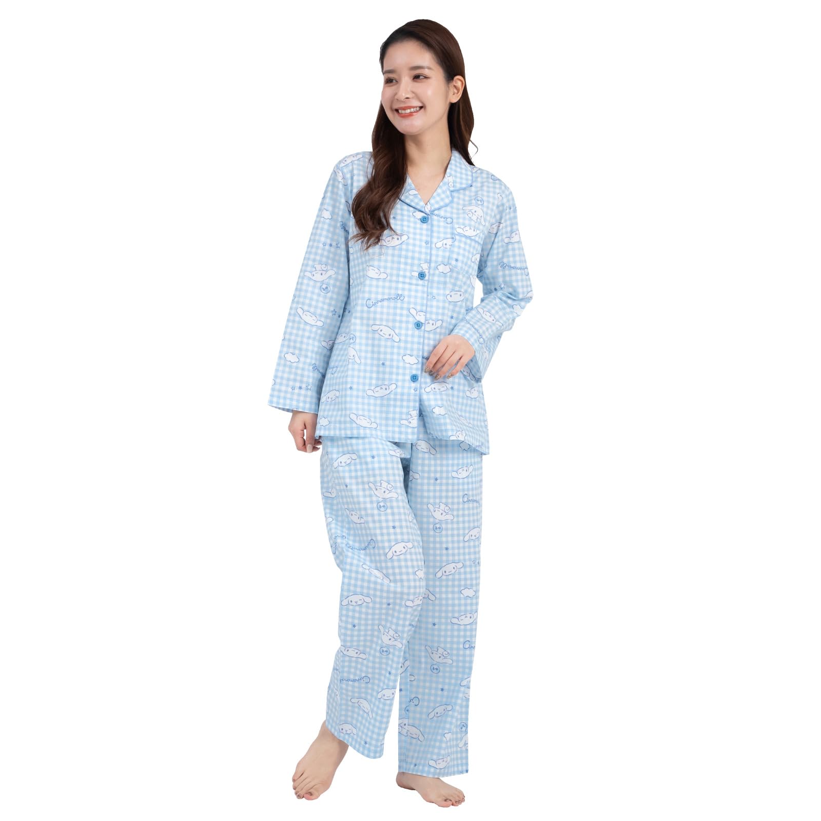 

SAZAC Cinnamoroll Shirt Cotton Long Sleeve and Pants Gingham Cinnamoroll Pajamas, 100% Broadcloth, Women s Set, Loungewear, (Sax/L/SAN1780)