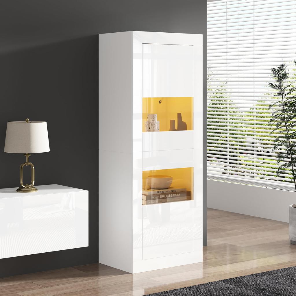 Vitrinenschrank 160cm, Glasvitrine LED-Beleuchtung Schwarz Hochglanz, Moderne Highboard Kommode viel Stauraum Wohnzimmer Küche Büro