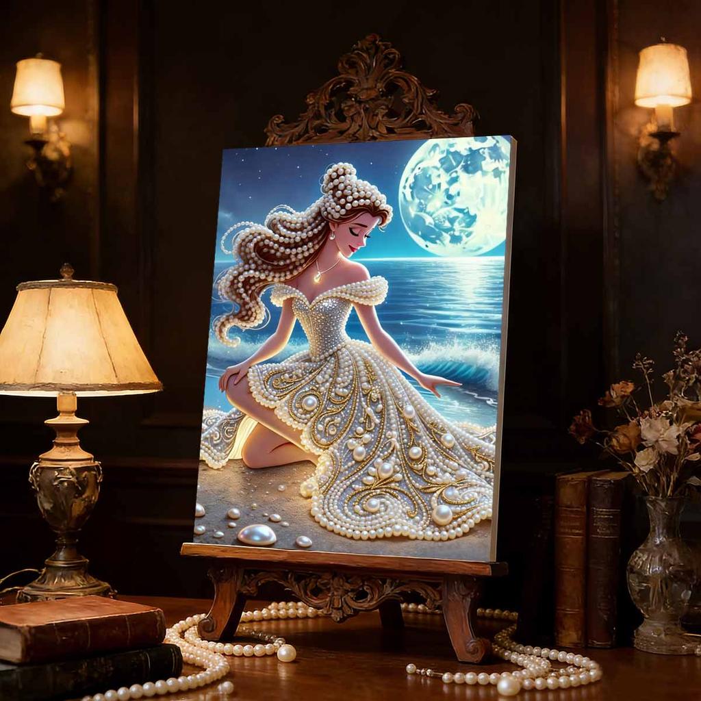 Ocean Princess Series Pearl Effect Frameless Art | Moonlit Sea & Shell Luxury Accents | Atmospheric Wall Art for Modern Home & Gallery