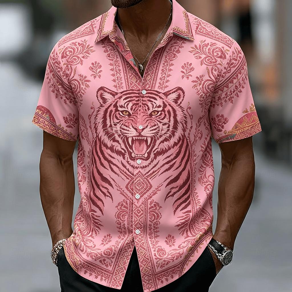 Men's Pink Vintage Tiger Head Print Short Sleeve Shirt, Casual Bohemian Button Up Shirt for Spring & Summer