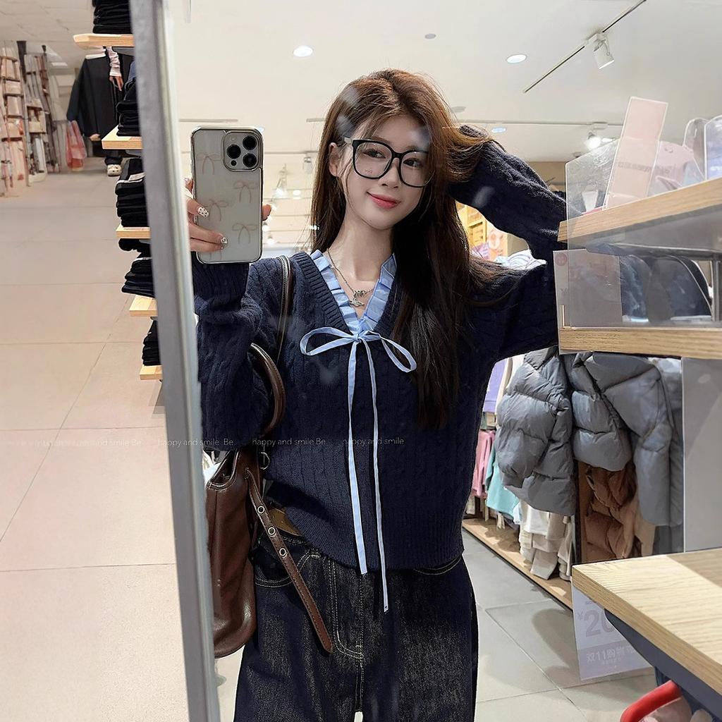 Korean Preppy Style Fake Two Piece Long Sleeve Sweater Women Winter Blue Soft Fit Knit Top