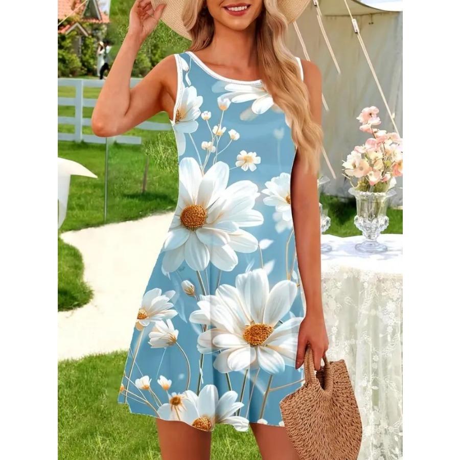 Elegant Light Blue Floral Print Sleeveless Dress Women's Summer Hawaiian Vacation Dress Tank Dress Y2k Ladies Clothes Girl Tops