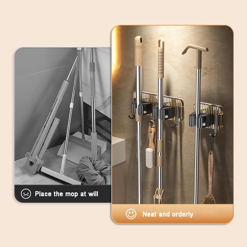 Wall Mounted Punch-free Mop Clamp Bathroom Wall Hanging Mop Rack Broom Storage Rack Multifunctional Hook Multi-use Sticky Hook