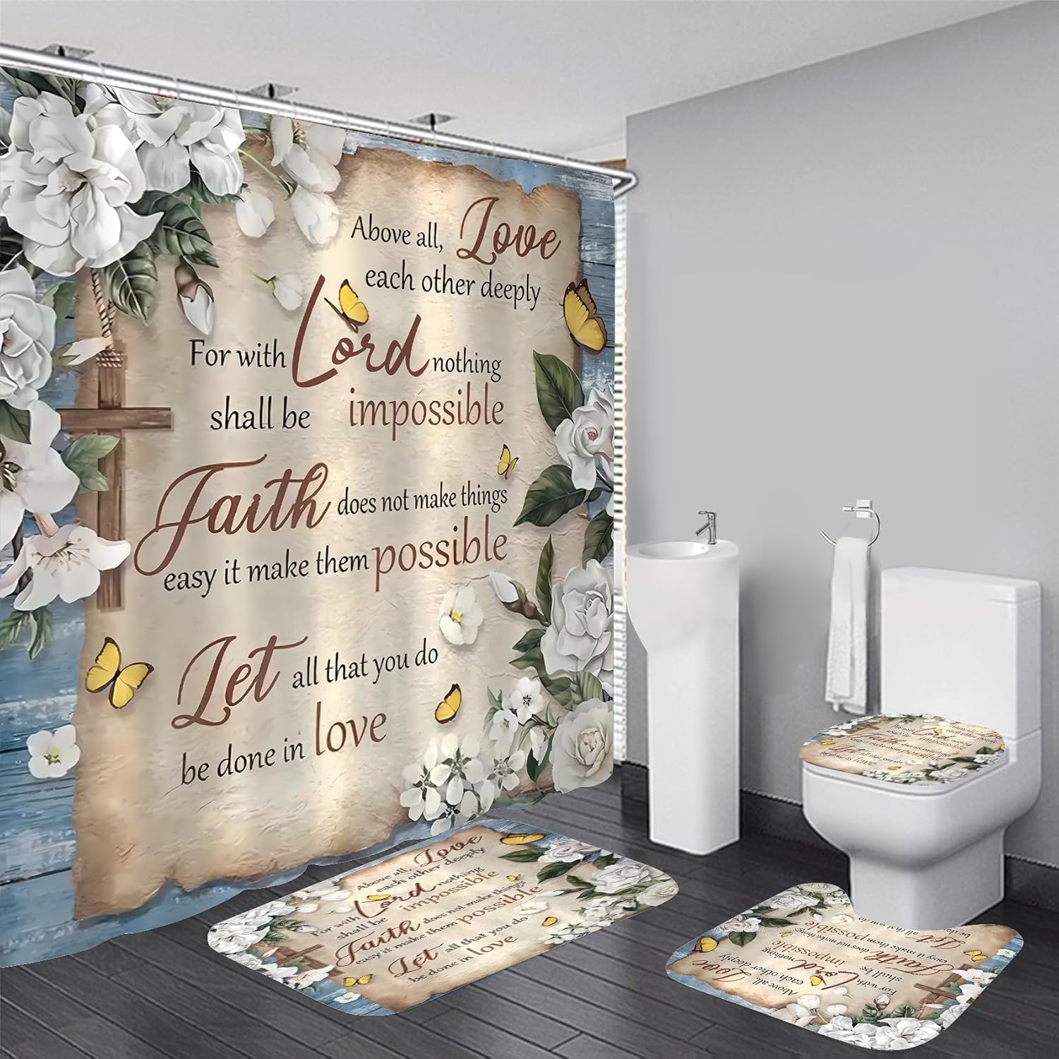 

Набор из 4 предметов: шторка для душа для ванной комнаты Cherry Blossom Boulevard, шторка для ванной с 12 крючками, нескользящие коврики, коврик на крышку унитаза, перегородка для ванной 4Pcs set