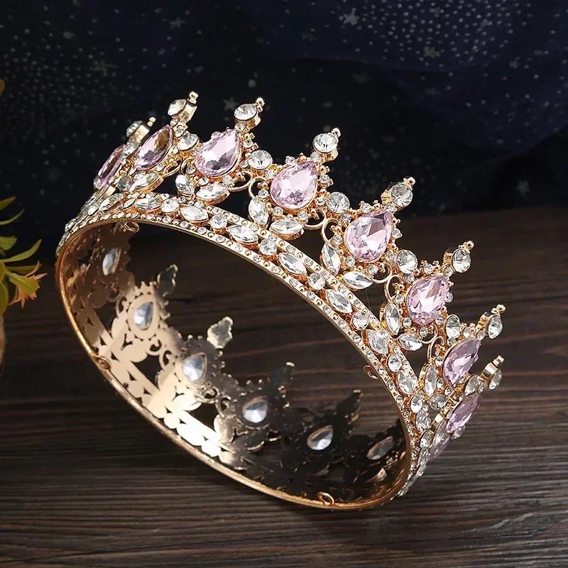 European Princess Queen Tiara Round Baroque Pageant Crowns Crystal Full Crown King Tiaras Bridal Wedding Hair Accessories