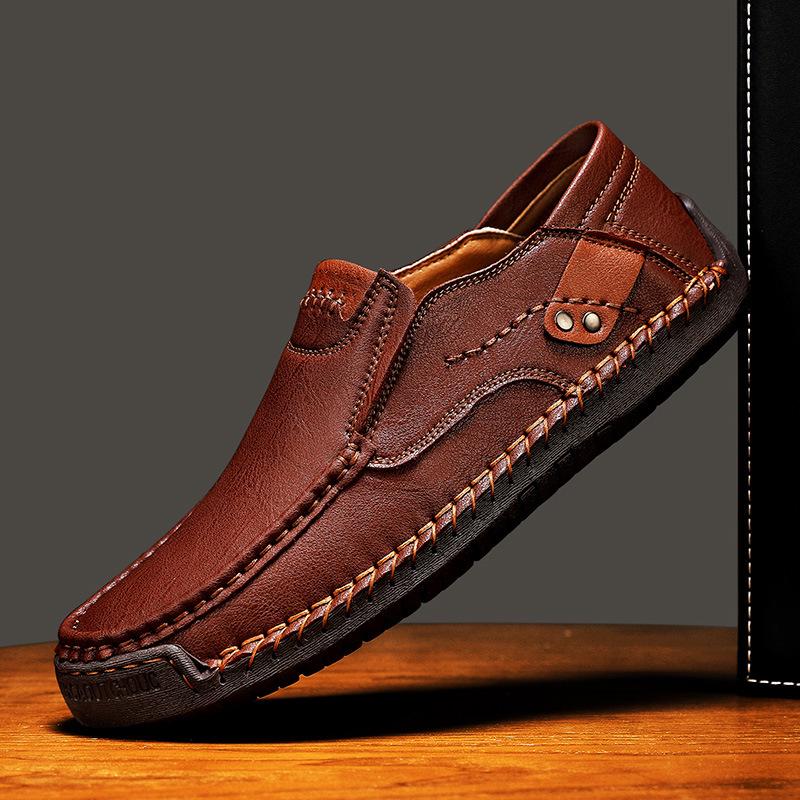 Hand-Stitched Men’s Leather Slip-On Loafers - Outdoor Casual, Low-Top, Plus Size.