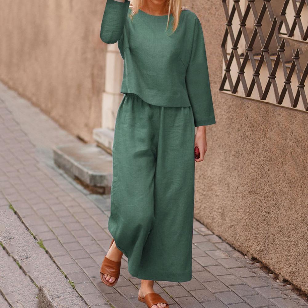 Spring Top Pants Suit Elegant Women's Top Pants Set with Long Sleeves Round Neck T-shirt Elastic Waist Trousers Stylish for Fall