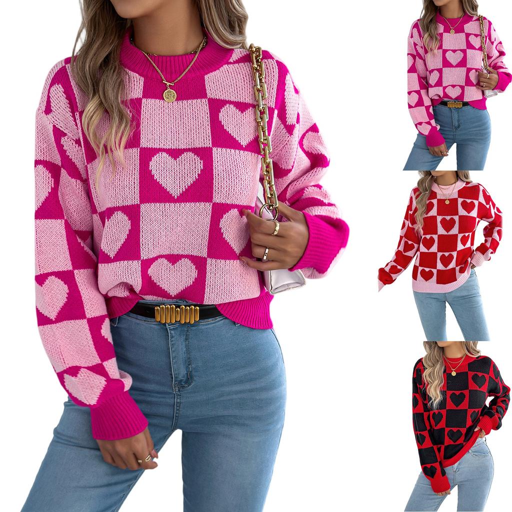 Women's Round Neck Contrasting Plaid Love Long-sleeved Pullover Sweater