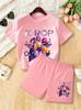 Summer Kpop Popular Cartoon Print Children Clothing Short Sleeve Shorts Set Featuring Casual Harajuku Children Clothes Girl Set