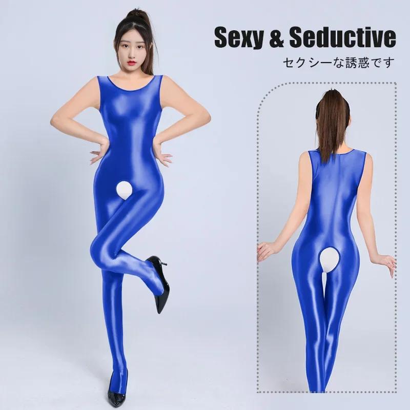 Sexy Shiny Glossy Backless Bodysuit Women'S Crotchless Sleeveless Jumpsuit Satin Smooth Tights One Piece Leotard Catsuit Ootd