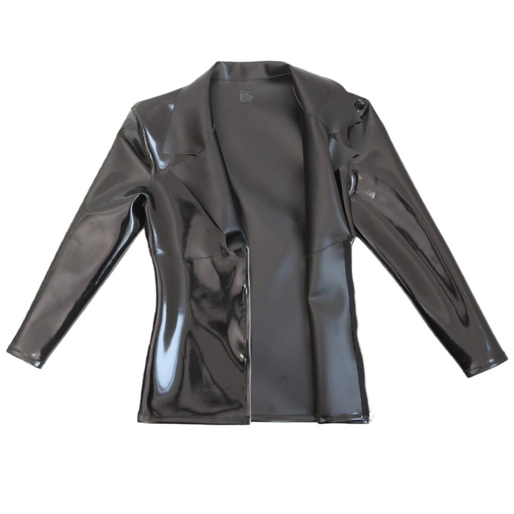 Sexy Men Pvc Glossy Shiny Long Sleeve T-Shirt Double Sided Pu Dance Top Deep V Neck Elastic Stage Wear Elastic Slim Tights