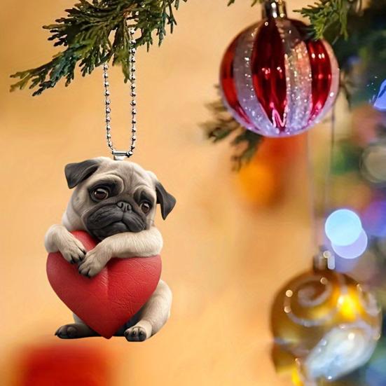 Acrylic Heart Dog Car Hanging Ornament Cute Puppy Pendant with Red Heart Car Rearview Mirror Decoration with Adjustable Strap